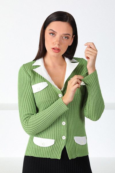 Ferraro Women's Green Pistachio Shirt Collar Knitwear Cardigan