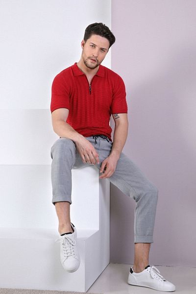 Ferraro Red Polo Collar Zippered 100% Cotton Men's Knitwear T-shirt