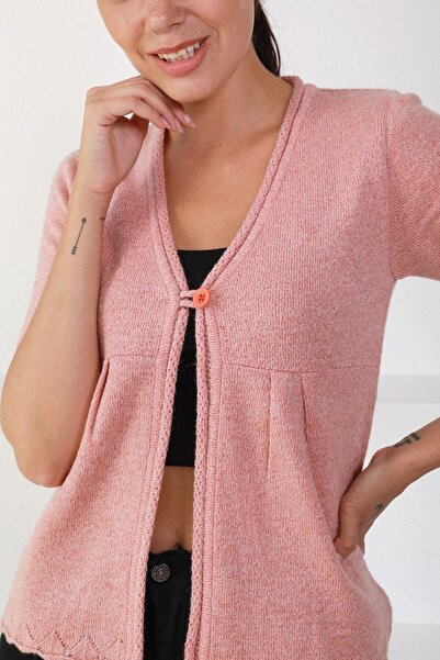 Ferraro Women's Pink V-Neck Single Button Knitwear Cardigan