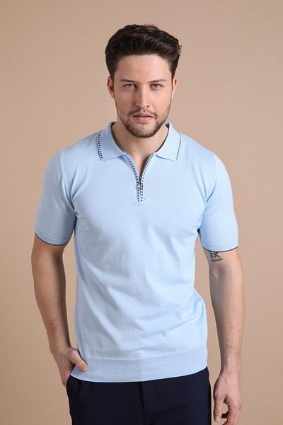 Ferraro Tricou pentru bărbați, 100% bumbac, cu fermoar, cu guler polo albastru