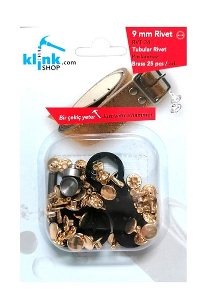 Klinkshop شبك ذهبي مقاس 9 مم - مقاس 34 - جهاز تطبيق بمطرقة و25 قطعة طقم Trok - نحاس مقاوم للصدأ