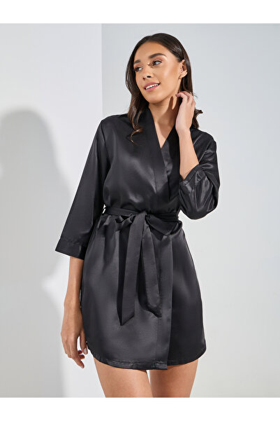 Styli Solid Satin Belted Robe