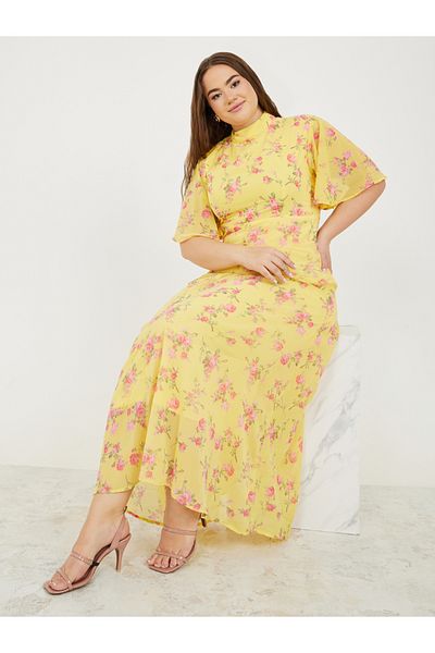Styli Plus Floral Print High Neck A-Line Maxi Dress