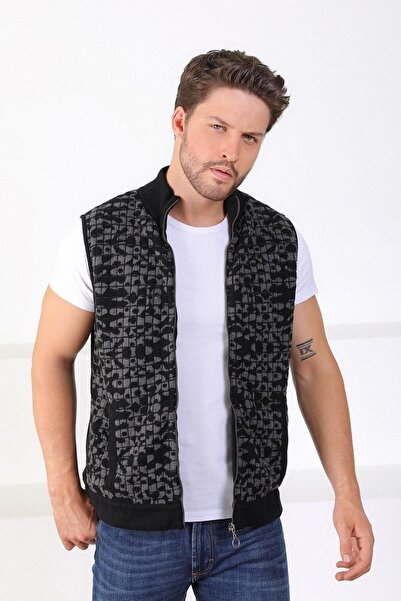 Ferraro Black/anthracite Stand Collar 100% Cotton Men's Vest with Pockets
