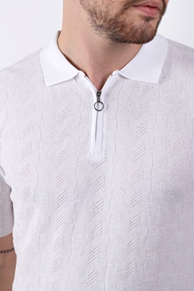 Ferraro White Polo Collar Zippered 100% Cotton Men's Knitwear T-shirt