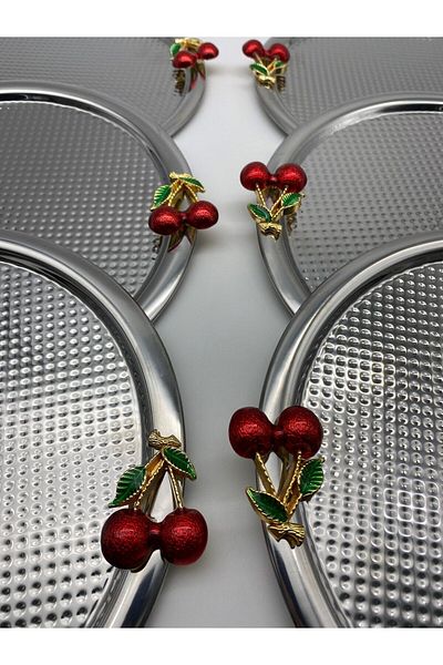 Fiyakalı Ürünler Atölyesi Round Silver Tea and Coffee Presentation Tray - 6-Piece Cherry, Single, 22cm Decorative Serving Tray
