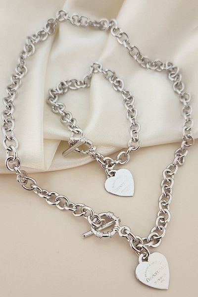Luxe Loom Zarafetin Işıltısı Women's Silver Colored Straw Small Heart Tiffany & Co Model Stylish Necklace Bracelet