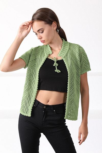 Ferraro Women's Pistachio Green Round Collar Cotton Knitwear Cardigan
