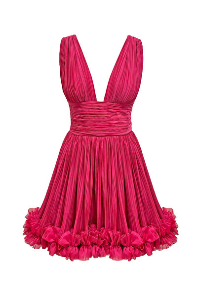 TARA COŞKUNTUNCEL Lotus Fuşya Piliseli Şifon Fırfırlı Mini Elbise