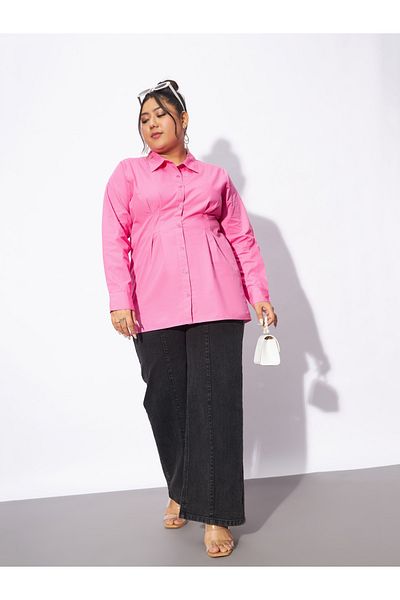 Sassafras By Styli Plus Poplin Pleated Slim Waist Shirt