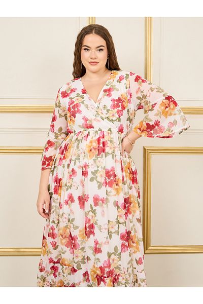 Styli Plus Floral Print Gathered Detail A-Line Maxi Dress