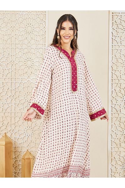Styli Embroidered Lace Trim All Over Print Jalabiya