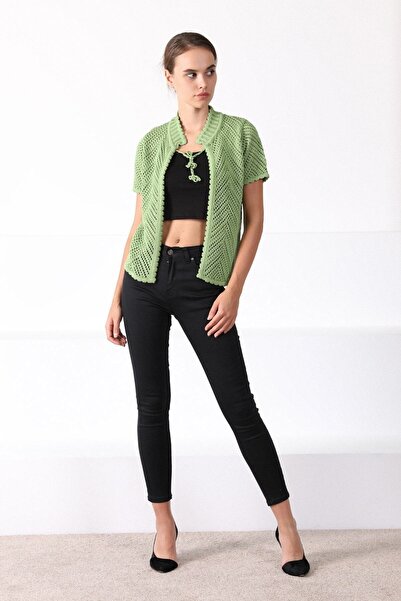 Ferraro Women's Pistachio Green Round Collar Cotton Knitwear Cardigan