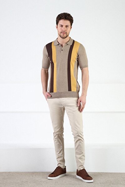 Ferraro Beige Buttoned Polo Collar 100% Cotton Men's Knitwear T-shirt