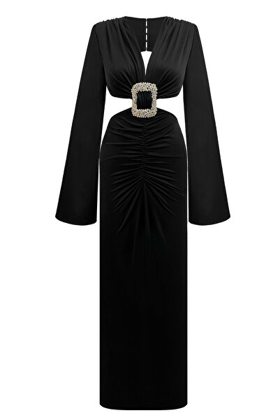 TARA COŞKUNTUNCEL Siyah Cut Out Taş Tokalı Vatkalı Maxi İspanyol Kol Abiye El...