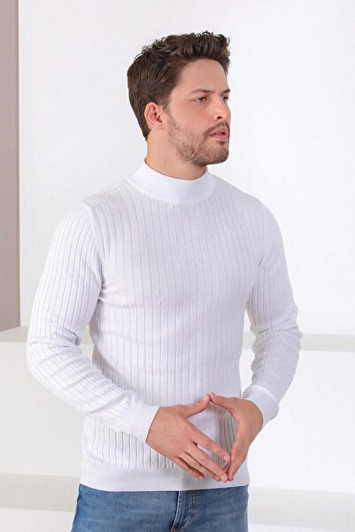 Ferraro سترة بيضاء نصف الياقة المدورة سترة قطنية للرجال