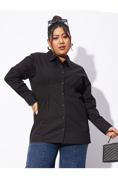 Sassafras By Styli Plus Poplin Pleated Slim Waist Shirt