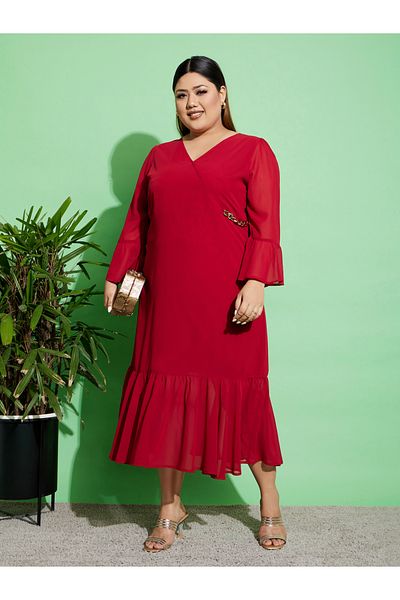 Sassafras By Styli Chain Accent Tiered Wrap Dress with Bell Sleeves