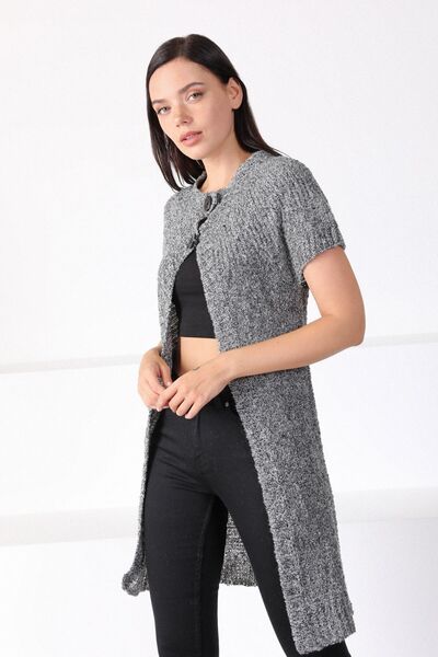 Ferraro Women's Gray Round Neck Long Knitwear Cardigan