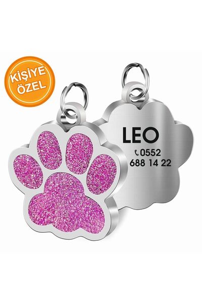 PATİMİO Isme Özel Simli Çelik Kedi Köpek Isimlik Künyesi Pembe