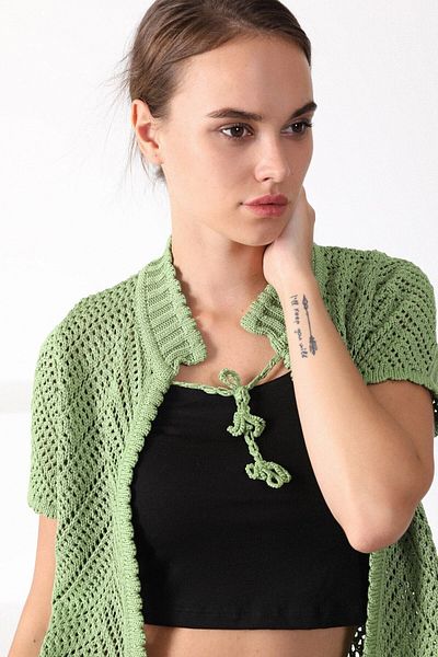 Ferraro Women's Pistachio Green Round Collar Cotton Knitwear Cardigan