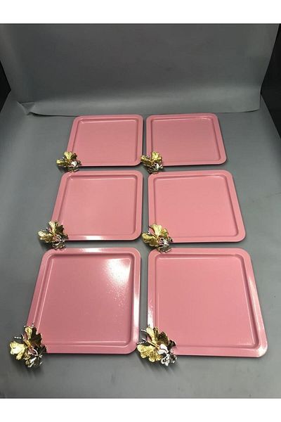 Aslı Hediyelik Luxury 6-Piece Light Pink Coffee/Tea Tray - With Butterfly Accessory, Stainless Steel Square