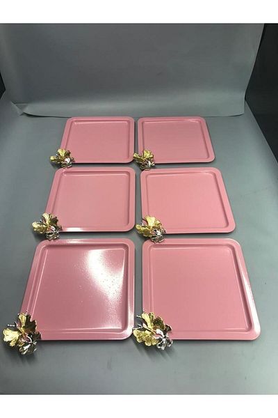 Aslı Hediyelik Luxury 6-Piece Light Pink Coffee/Tea Tray - With Butterfly Accessory, Stainless Steel Square