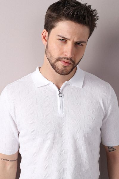 Ferraro Tricou alb pentru bărbați, 100% bumbac, cu fermoar, cu guler polo