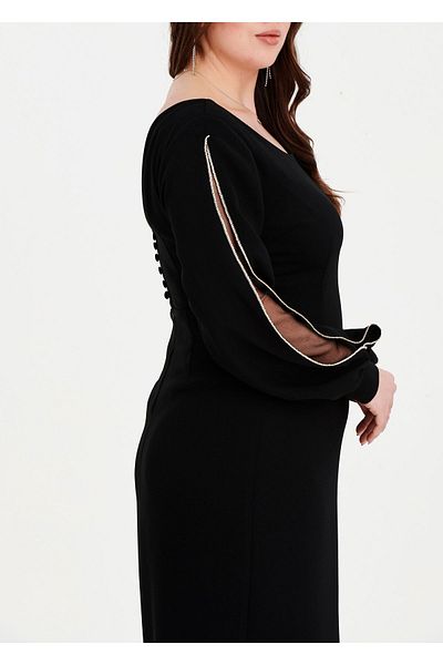 EVEN plus size Stone Detailed Black Crepe Plus Size Evening Dress