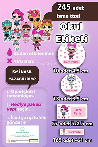 Sticker Ekspres Okul Etiketi Lol Bebek Kalem Defter Etiketi Özel İsim Yazılab...