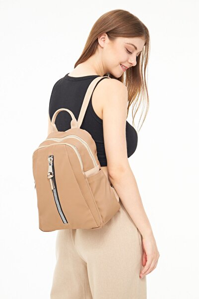 Morpelikan Women's Zipper Detailed Multi-Compartment Light Tan Colored Backpack