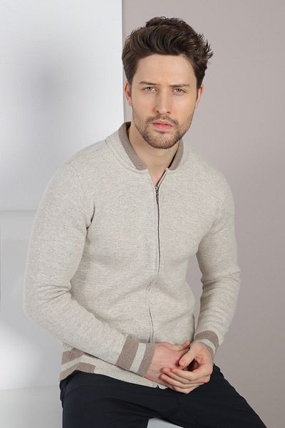 Ferraro Α.Μπεζ Bomber Collar Cashmere Ανδρική Πλεκτή Ζακέτα