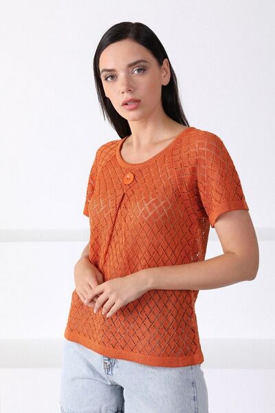 Ferraro Women's Orange Round Neck Openwork Knitwear Sweater