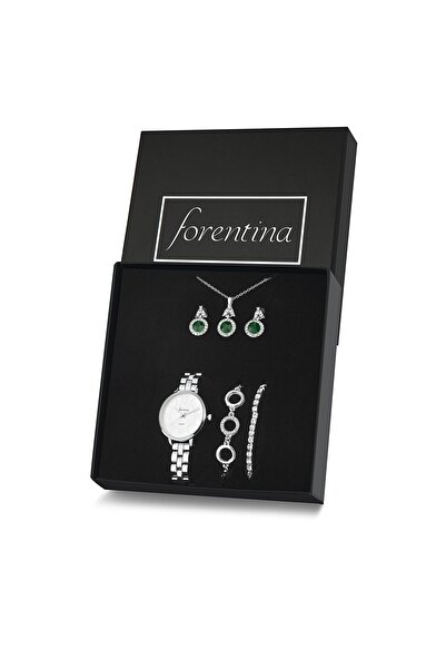 Forentina Gümüş Kaplama Yeşil Taşlı Kolye Küpe Bileklik Saat Hediye Set - Ps3...