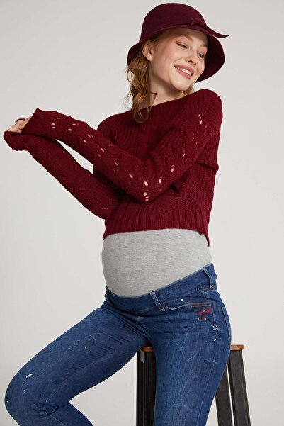 VAVIEN Kadın Mavi Skinny Likralı Denim Hamile Pantolonu 1087