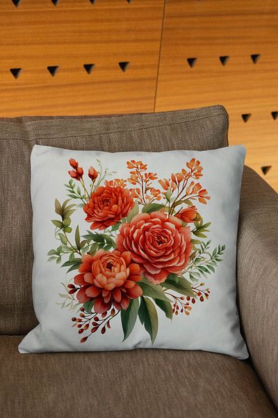 Şah Dekor Nature Themed Flower Patterned Digital Printed Throw Pillow Cover in Red Cream Colors