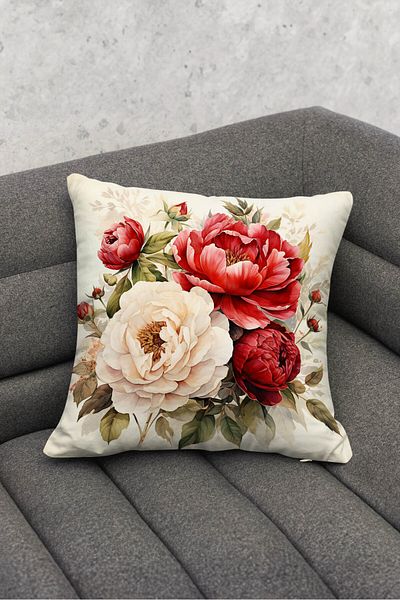 Şah Dekor Nature Themed Flower Patterned Digital Printed Throw Pillow Cover in Red Cream Colors
