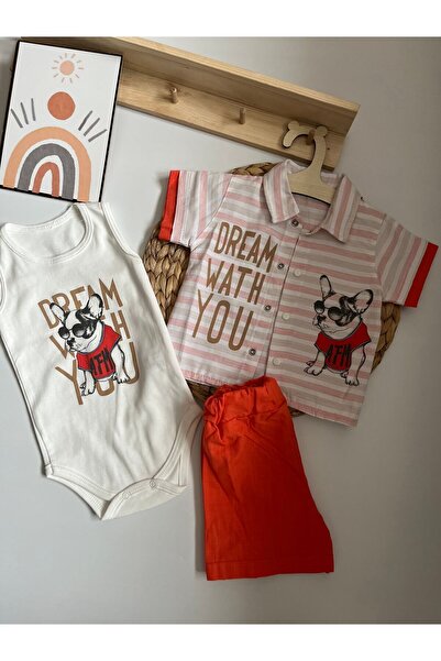 Miraydın Butik 3-Piece Set for Baby Boy - Striped, Animal Detailed Shorts, Shirt and Bodysuit