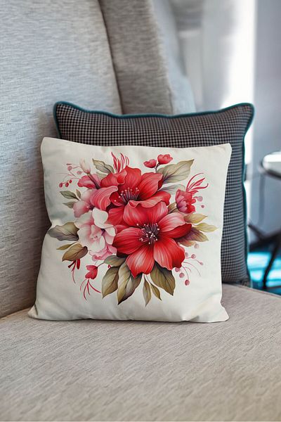 Şah Dekor Nature Themed Flower Patterned Digital Printed Throw Pillow Cover in Red Cream Colors