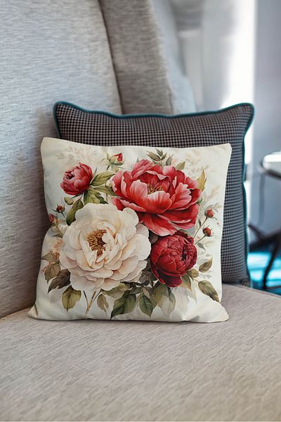 Şah Dekor Nature Themed Flower Patterned Digital Printed Throw Pillow Cover in Red Cream Colors