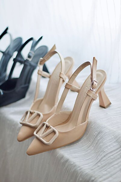 Rainon Store Y3033 Nude Leather Buckle Women's Heeled Shoes