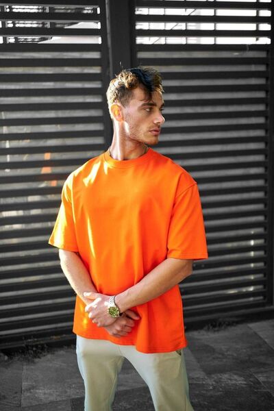 CAST COLLECTİON تيشيرت رجالي برتقالي كبير الحجم من القطن الممشط