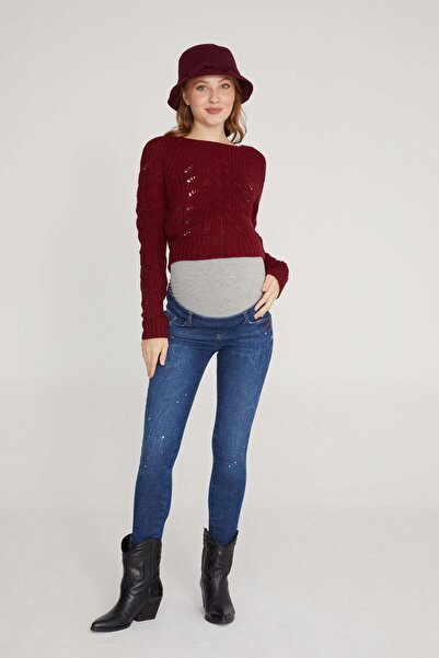 VAVIEN Kadın Mavi Skinny Likralı Denim Hamile Pantolonu 1087