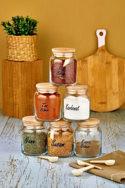 FBZhome 6-Piece Transparent Labeled 300 ml Glass Spice Rack with Spoon and Wooden Lid Storage Container