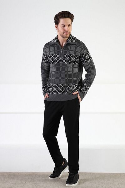 Ferraro Füme Ekoseli Dik Yaka %100 Kuzu Yünü Erkek Kazak