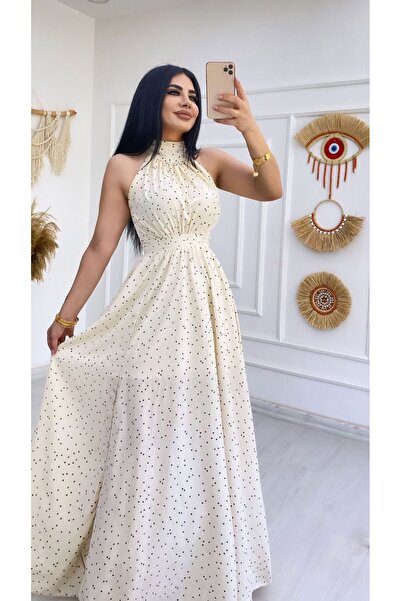 BERİ BUTİK Kadın Halter Yaka Yırtmaçlı Puantiyeli Elbise