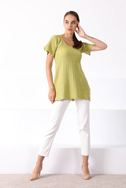 Ferraro Women's Pistachio Green Round Neck Waist Drawstring Knitwear Sweater