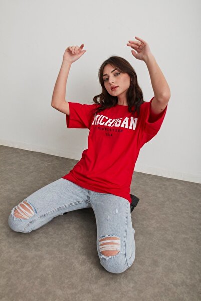 Mad&Calf Women's Red Michigan Printed Oversize T-shirt