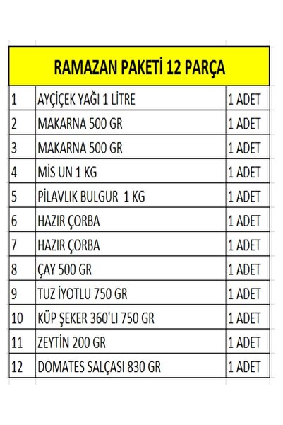 Marketcidenal Ramazan Erzak Yardım Paketi Kumanya Kolisi 12 Parça