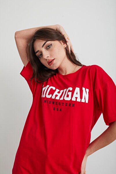 Mad&Calf Women's Red Michigan Printed Oversize T-shirt